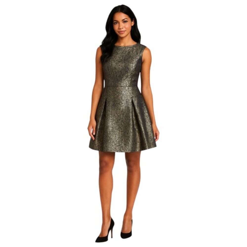 Aidan Mattox Size 2 Navy Gold Metallic Brocade Fit and Flare Cocktail Dr…